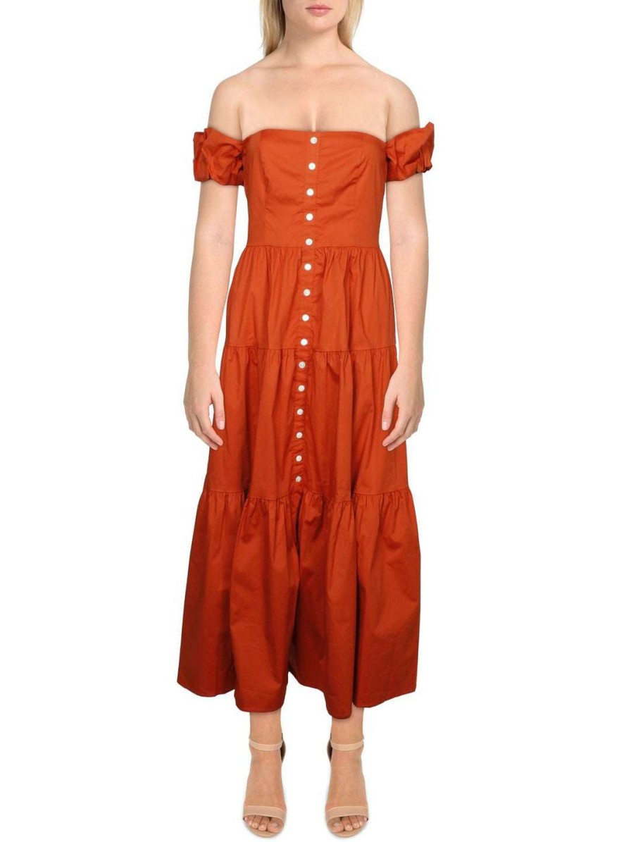 Clothing * | Staud Elio Womens Tiered Off The Shoulder Fit & Flare Dress Rust