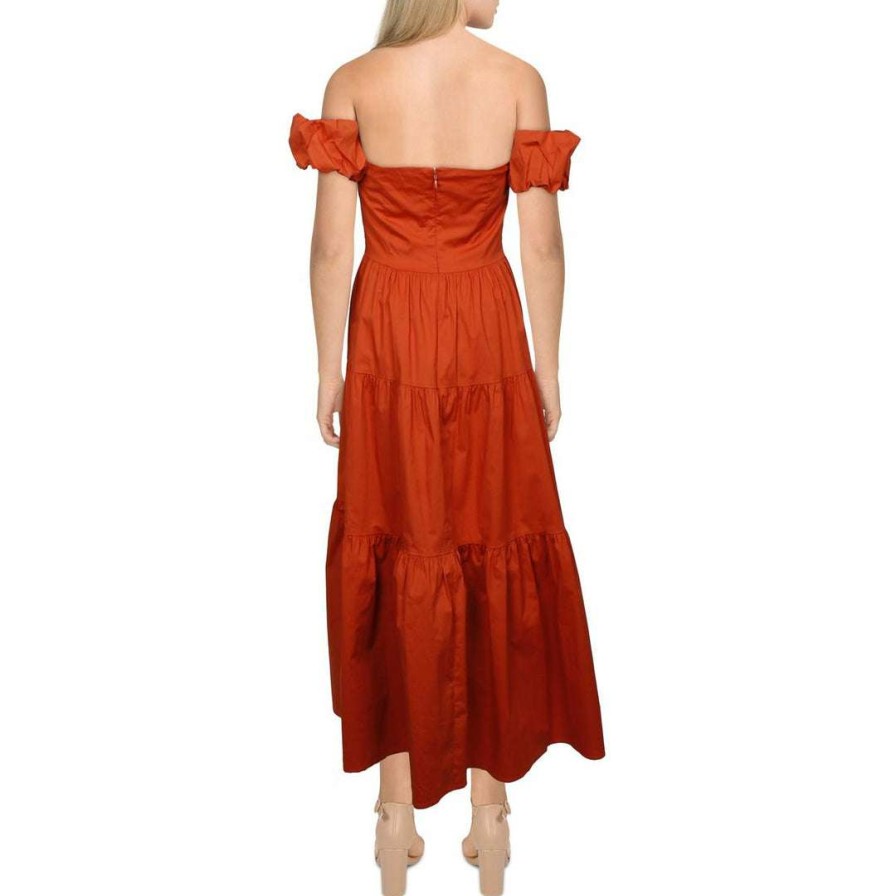 Clothing * | Staud Elio Womens Tiered Off The Shoulder Fit & Flare Dress Rust