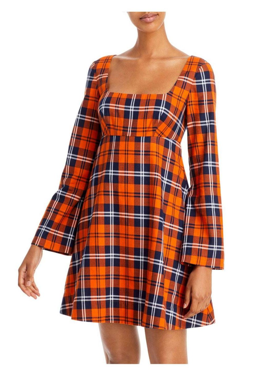 Clothing * | Staud Beth Womens Casual Bell Sleeve Fit & Flare Dress Poppy Plaid