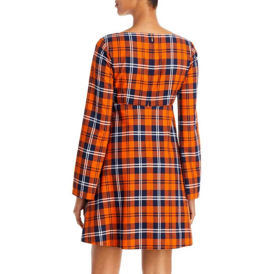 Clothing * | Staud Beth Womens Casual Bell Sleeve Fit & Flare Dress Poppy Plaid