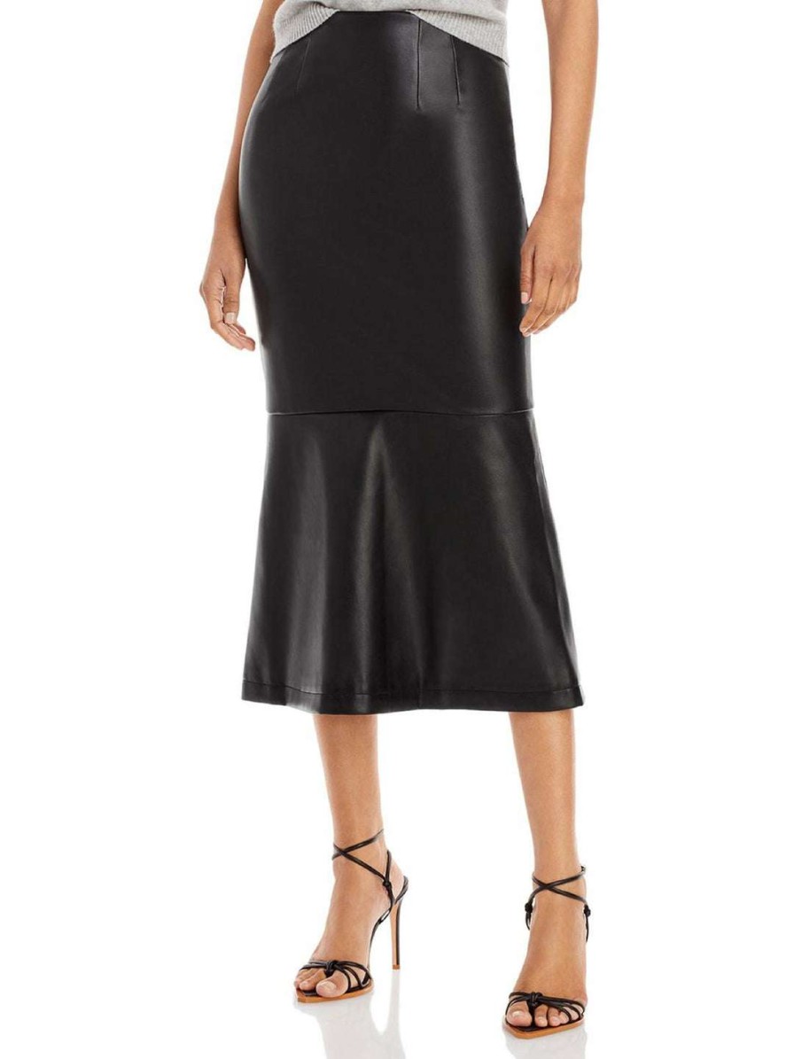 Clothing * | Staud Laurel Womens Faux Leather Flounce Midi Skirt Black