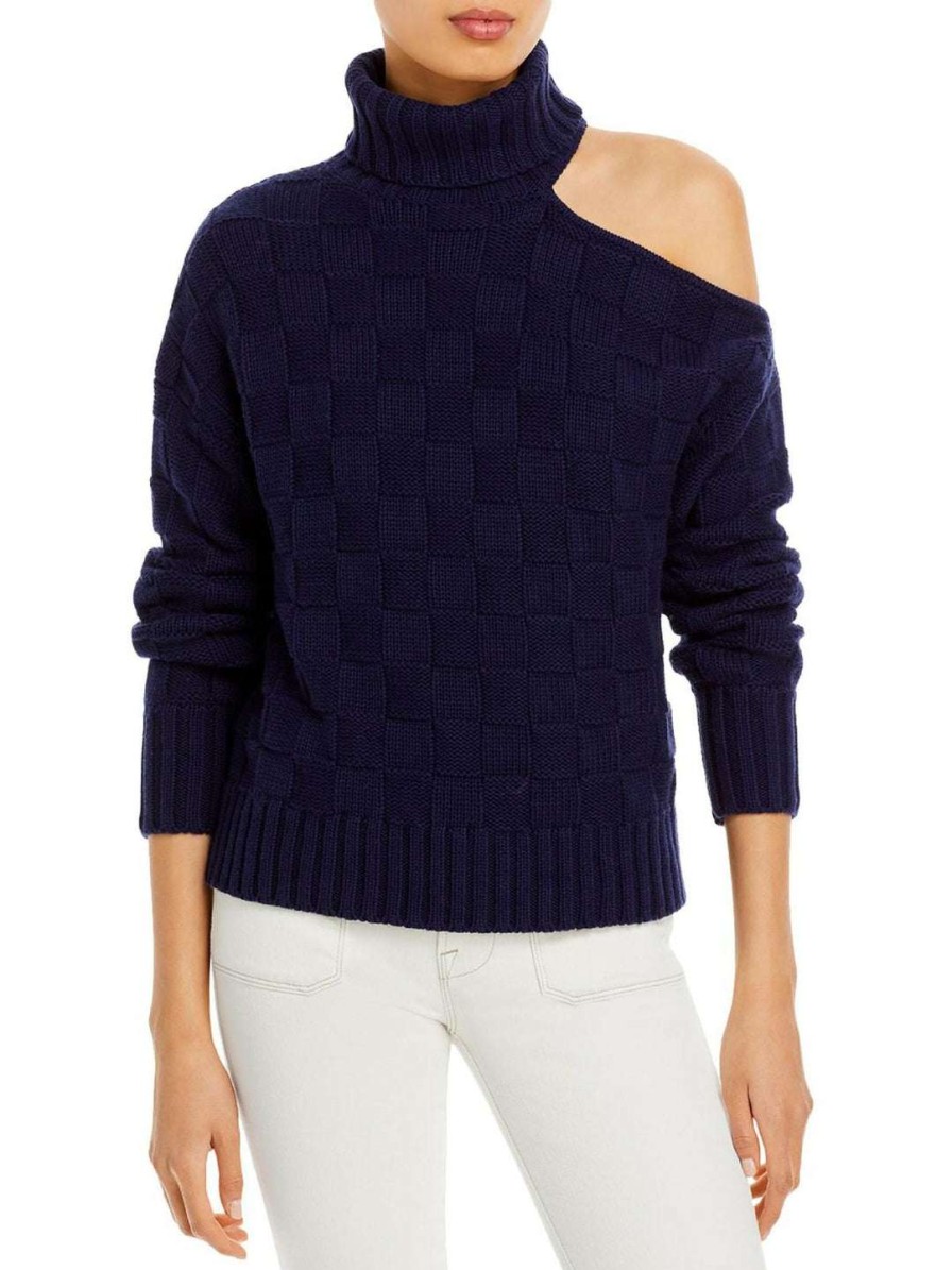 Clothing * | Staud Womens Wool Cold Shoulder Turtleneck Sweater Navy