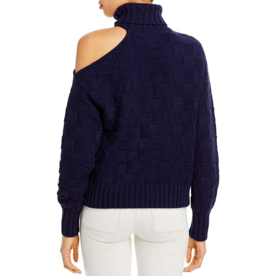 Clothing * | Staud Womens Wool Cold Shoulder Turtleneck Sweater Navy