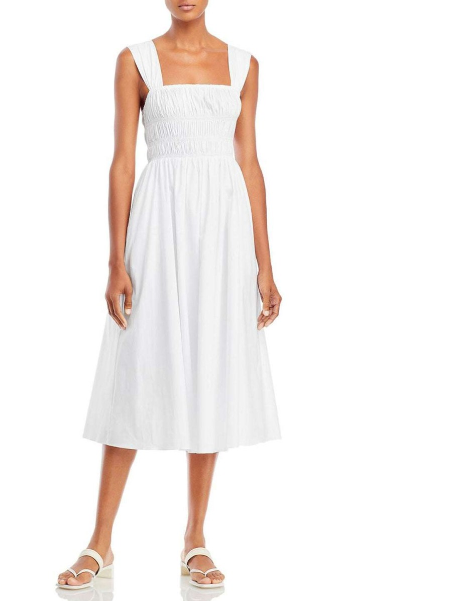 Clothing * | Staud Ida Womens Smocked Calf Midi Dress White