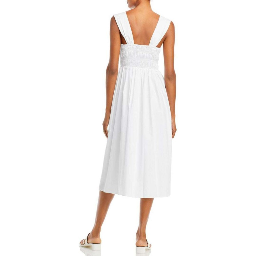 Clothing * | Staud Ida Womens Smocked Calf Midi Dress White