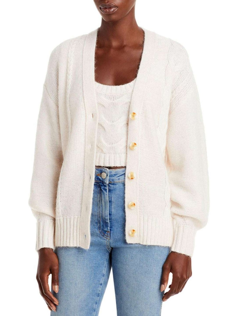 Clothing * | Staud Blake Womens Open Stitch V Neck Cardigan Sweater Ivory